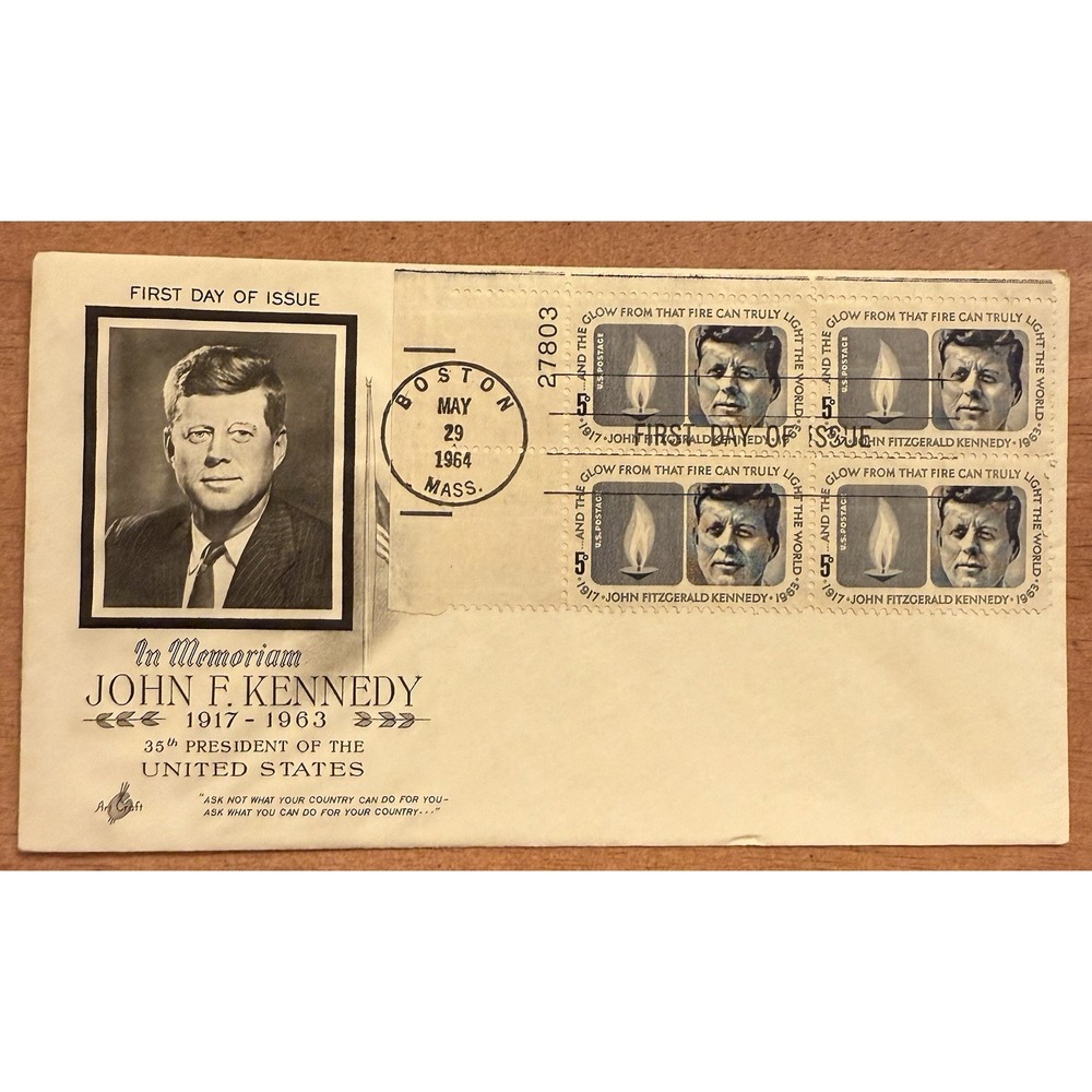 1246 FDC 5c JOHN F. KENNEDY‎ - Plate block of 4 Cachet 1964 Boston